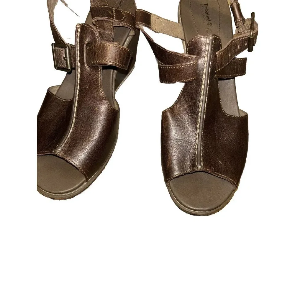Timberland Earthkeepers Danforth Brown Wedge Leather Sandals Size 9 Anti-Fatigue